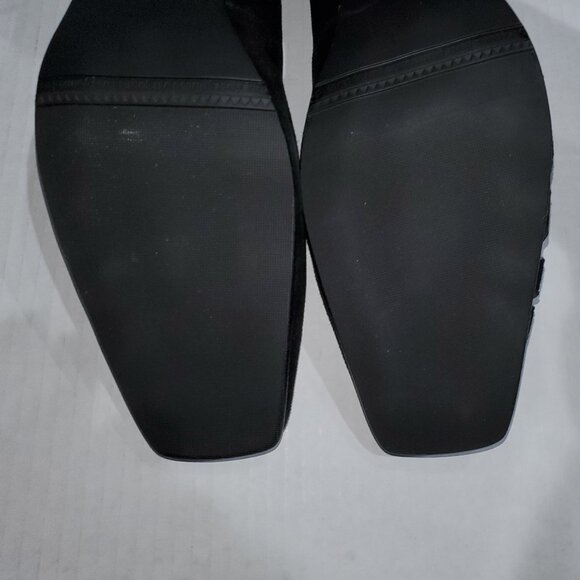 Black Suede Pump w/ Gold Trim, Block Heel, and Square Toe - Picture 11 of 12